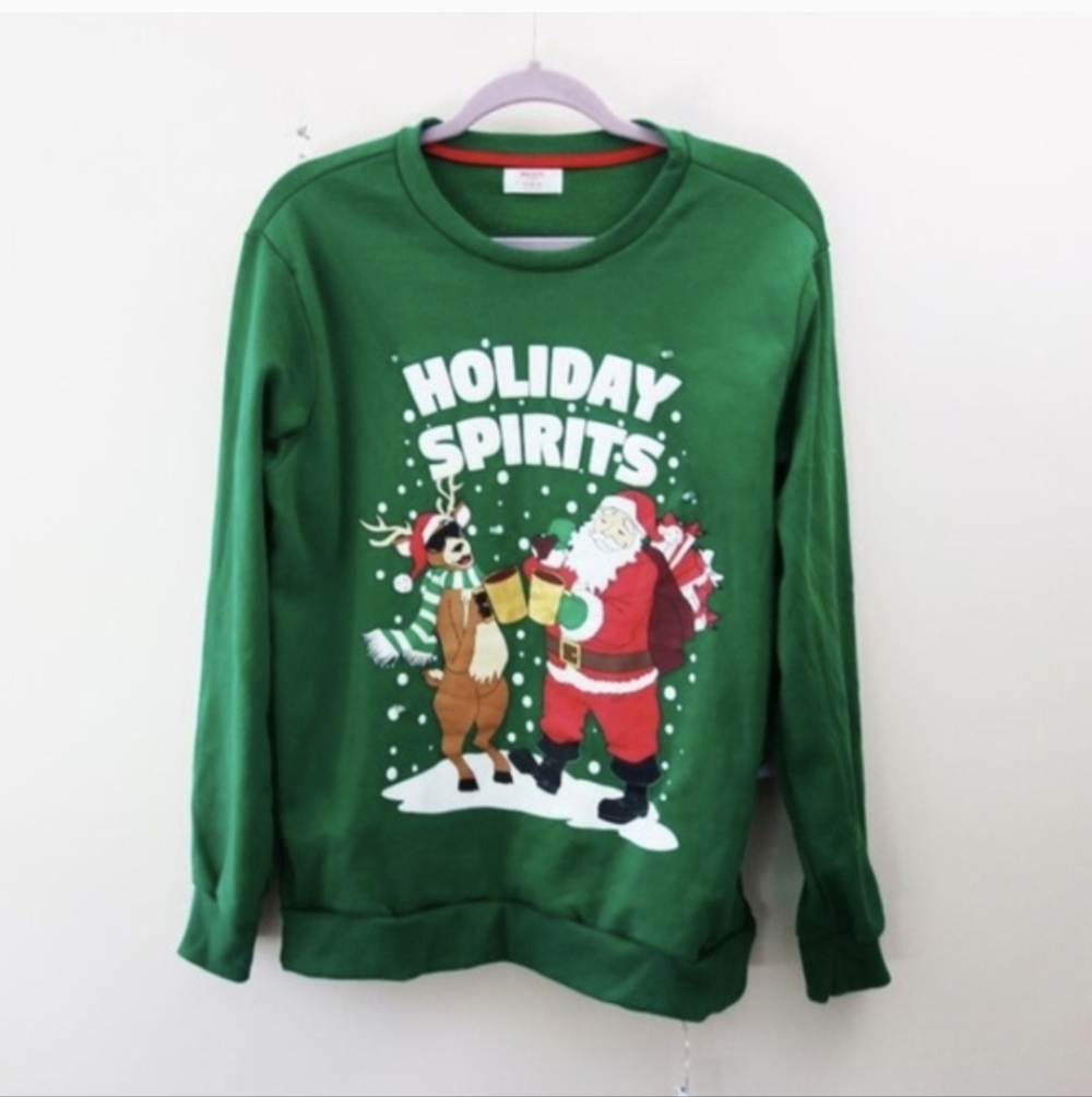 Holiday Time Men's Green Light-Up Pullover Sweatshirt Santa and Raindeer Fun(M)